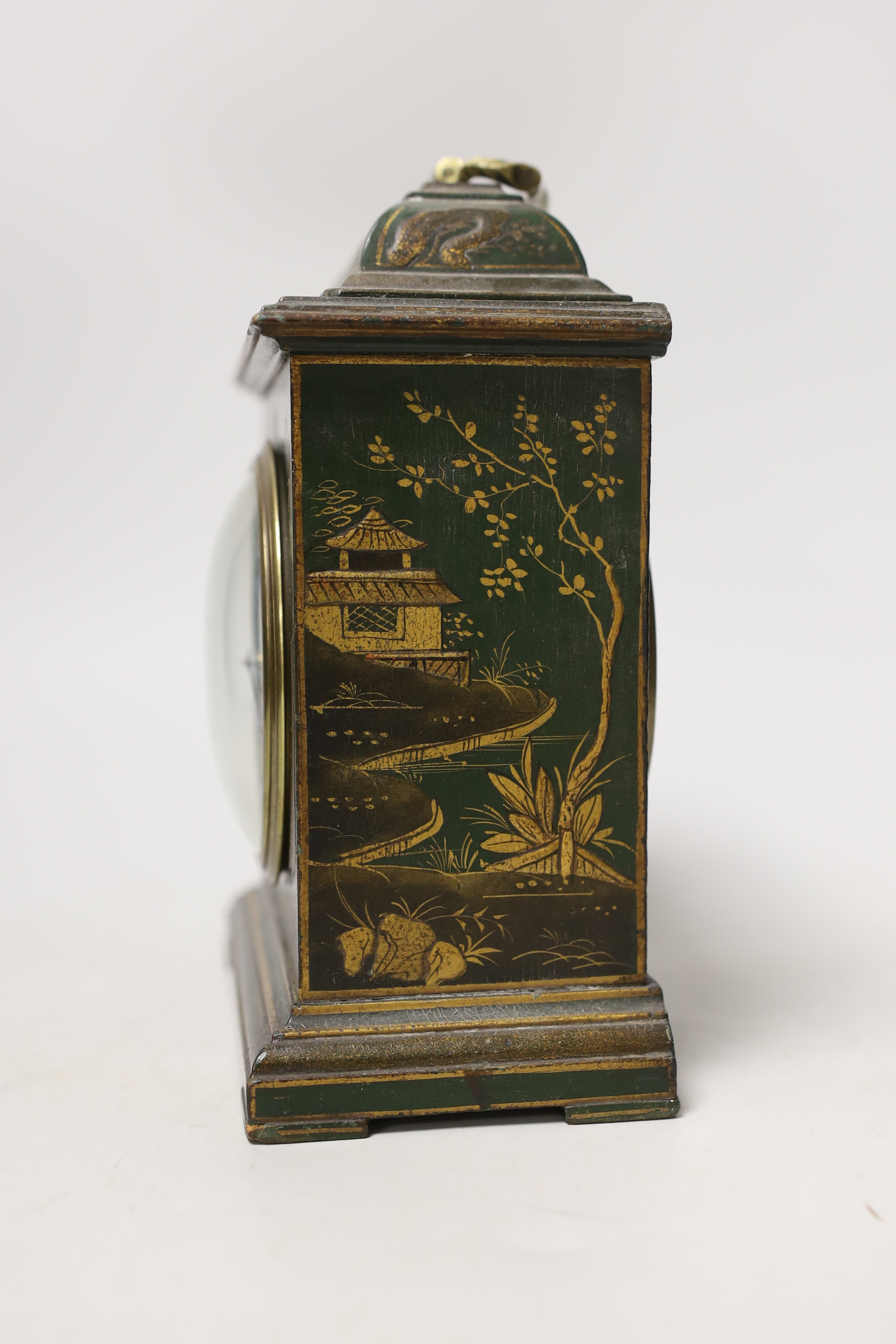 A green lacquer chinoiserie mantel timepiece, 19cm